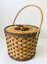 Wicker Round Vintage Sewing Basket With Fabric Covered Lid & Carry Handle