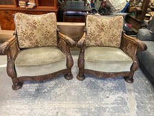 Vintage Antique Heavy Oak Ornate Armchairs x 2 Project TLC
