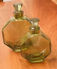 VTG Pair Large Art Deco Gem Shaped Perfume Bottles Green Cut Crystal Stoppers