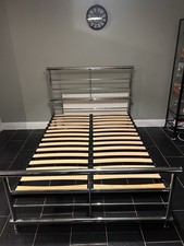 Chrome Metal Double Bed Frame With Slatted Base