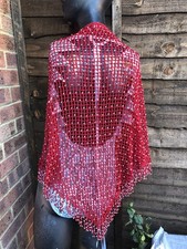 LADIES MICHELE HOPE BNWOT Red Crochet Lace Crystal Beaded Shawl Fringed Large