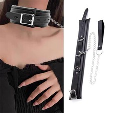 PU Leather Padded Neck Collar Chocker W/ Leash Chain Slave Game Bondage BDSM