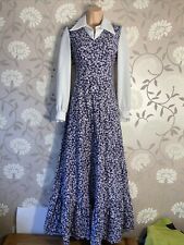 Vintage 1970’s  Maxi Dress Size 6 8 Navy White Floral Long Cotton & Crimplene