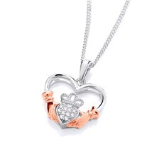 Silver & Rose Gold Simulated Diamond Claddagh Irish Celtic Pendant + Chain
