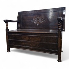 Antique carved bobbin oak storage monks bench - console table