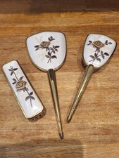 Dressing Table Vanity Set Brushes Mirror Comb Gold Tone & Floral Vintage