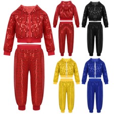 UK Boys Girls Jazz Dance Costume Sequins Hip Hop Street Dance Jacket with Pants