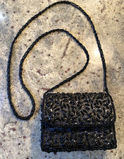 Sparkly Vintage Retro Black Beads Sequins Small Evening Bag Popper Fastening