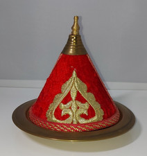 Small Vintage Moroccan Brass Serving Tray with velvet conical Dome Cover