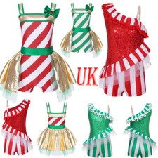 UK Kids Christmas Dance Costume Candy Cane Striped Ballet Dance Dress Bodysuit
