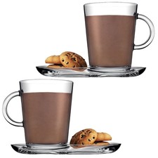 Pasabahce Handled Glass Mug & Large Saucer Set Coffee Tea Latte Cappuccino 400ml