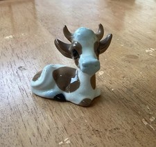 Szeiler Studio Small Pottery Cow Sitting Brown White Blue 2.5ins