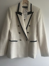 BNWT ZARA  Cream Black Gold Buttons Boucle Jacket Blazer Size L 