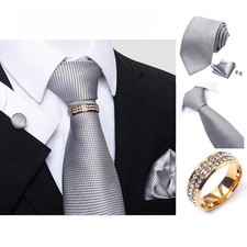 Boxed 8cm Men's Necktie Gold Ring Luxury Hanky Cufflinlks Tie Set Pure Plaid