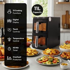 Vertical Air Fryer Dual Stack 11L (2 x 5.5L) Baskets Twin Drawers Compartments