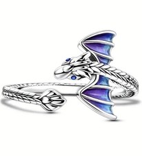 New Adjustable Silver Dragon Ring with Blue Wings Fantasy Woman Jewelry Gift
