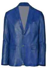 Handmade Men's Blue Genuine Lambskin Leather Soft Jacket Blazer Two Button Coat