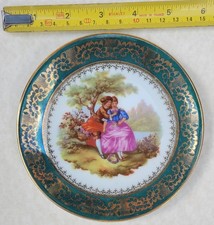 Vintage Limoges Porcelain Plate Green & Gold With Fragonard Scene 14cm Wide
