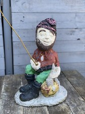 Antique 60s stone garden statue Garden Gnome Fishing.