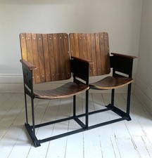 Pair of Wooden Joined & Fixed Theatre / Cinema Seats on Black Metal Frame