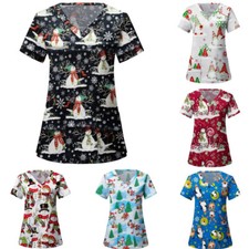 Christmas Scrubs Women Shirts Printed Uniform Nursing Scrub Tops Flowers Shirt