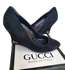 Gucci Authentic Lady's Black Suede wedges Pumps Shoes Sz Eur38 UK4 To 5 VGC 