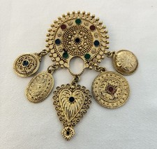 Vintage JJ Jonette Jewellery Etruscan Style Gold Tone Dangle Brooch Signed c1986