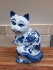 Large Cobalt Blue & White Ceramic Cat Ornament Oriental Floral Feline 16cm High 