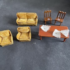 Vintage Wooden Dolls House Furniture Lounge Sofa And Table Chairs