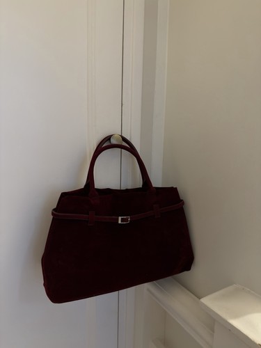 Burgundy faux suede handbag - burgundy,