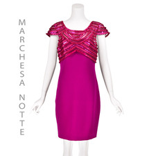 MARCHESA NOTTE Fuchsia Silk Evening Dress Embellished Tulle Bodice Sheer Back 10