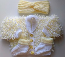  Hand Knitted  Lemon & White Baby Loopy Cardigan, Headband  & Socks  0-3 Mths ?