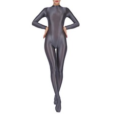 UK Women Oil Shiny Glossy Bodystocking Hollow Out Long Sleeve Bodysuit Catsuit