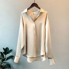 Womens Satin Silk Plain Shirt Ladies Casual Baggy Button-up OL Work Blouse Tops