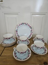 Colclough China Tea Set  7724 Gold Edge Pale Blue Ribbed Centre Rare Fine Bone