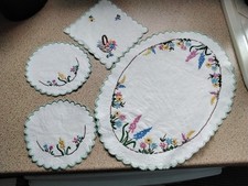 Vintage Hand Embroidered Floral Linen Dressing Table Set,of 4.