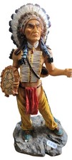Handcrafted Native American Chief Statue With Drum 14 Inch Wood Detailing
