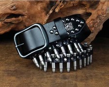 Real Leather Waist Belt Heavy Metal Bullet Rivet Studded Unisex Punk Waistband
