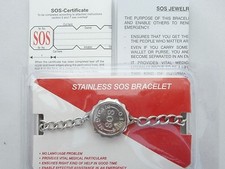 SOS BRACELET MEDICAL INFO CAPSULE/LADIES/MENS STAINLESS STEEL TALISMAN. SILVER