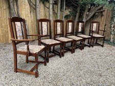 Vintage Dining Chairs Turned Oak Country Tudor Style Drop Seat x 6 Floral Fabric