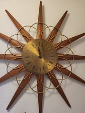 Mid-Century Paico Sunburst/Starburst Wall Clock Brass & Teak 1960-70s Retro 