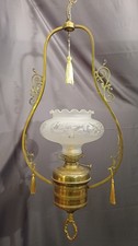 Antique French brass large hanging oil lamp. Professional electric conversion.