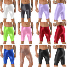 Men High Waist Shiny Sports Tight Spandex Biker Short Oil Glossy Workout Shorts
