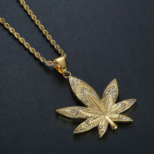 Gold hemp leaf pendant - gold,