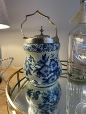 Antique Ceramic Biscuit Barrel Blue and White 