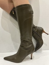 Stunning Y2K Karen Millen Khaki Leather Pointed Toe Knee Boots UK5 EU38 VGC