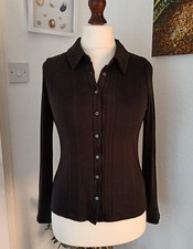 Boden Black Ribbed Top Button Front Collared Size 14