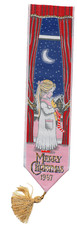 1987 Cash's Woven Silk BOOKMARK Merry Christmas Blonde Girl with Teddy Bear Moon