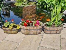 Burnt Wood Half Barrel Wooden Planter Oval Plant Pot Outdoor Garden