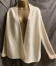 Merino Wool Mix Cream Ribbed Knit L - XL Winter Open Long Sleeved Cardigan Top